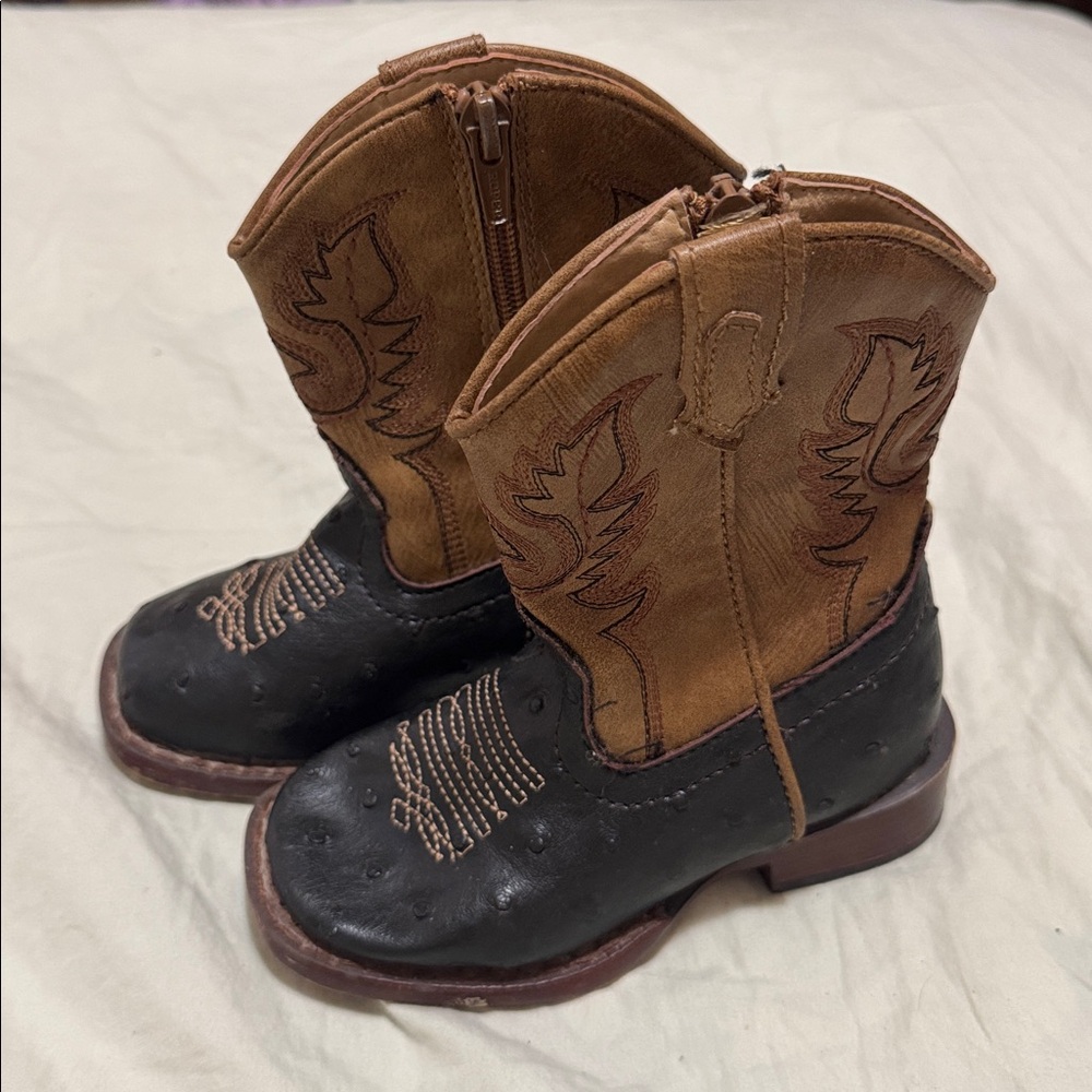Roper Toddler Square Toed Western Cowboy Boots Size 6 EU 23 Black & Brown Shoes